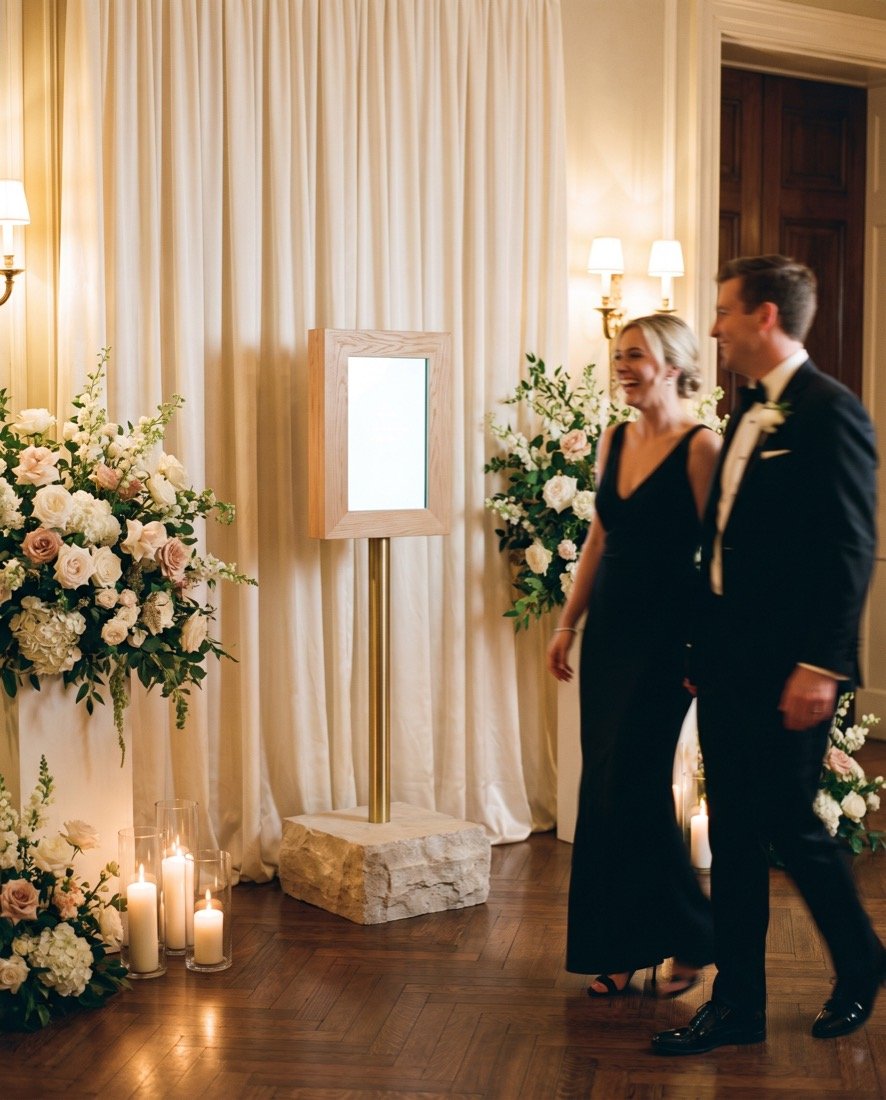 Een opstelling met een scherm in een eiken lijst op een messing zuil en stenen voet, tussen ivoren drapering, bloemen en kaarsen, waar een stel lachend langsloopt.