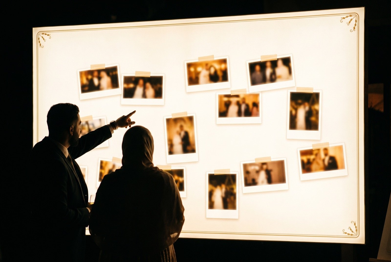 Twee gasten staan dicht bij het scherm en wijzen iets aan op de wand vol polaroids.